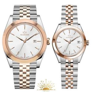 ست ساعت مچی زنانه و مردانه مارون مدل 77400/2، دو رنگ رزگلد، صفحه سفید