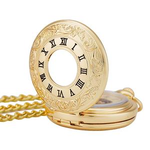 TREEWETO Antique Mens Pocket Watch Skeleton Mechanical Half Hunter Golden Case Roman Numerals 