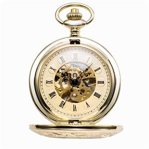 TREEWETO Antique Mens Pocket Watch Skeleton Mechanical Half Hunter Golden Case Roman Numerals 