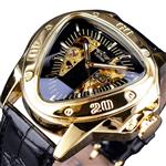 Winner Fashion Mechanical Wrist Watch Triangle Racing Dial Golden Skeleton Dial