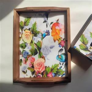 سینی چوبی طرح دار روکش رزین طرح پرنده آواز خان کد 49512