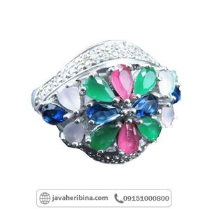 انگشتر چند جواهر نقره زنانه با مخراج سنگ های زمرد و یاقوت