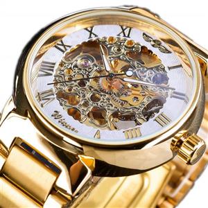 Winner Watch Retro Roman Gold Skeleton Mechanical for Men Luminous Hands Stainless Steel Transparent 