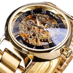 Winner Watch Retro Roman Gold Skeleton Mechanical for Men Luminous Hands Stainless Steel Transparent 