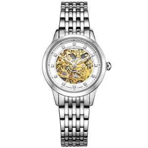 STARKING Women Skeleton Watch Self Winding Automatic Sapphire AL0188 Stainless Steel Diamond Luxury