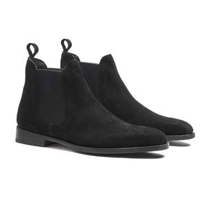 Timberlux New York Black Chelsea Suede Boots, Men Dress Shoes Goodyear Welted 