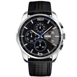 Sports Watches for Men,SKMEI Chronograph Date Quartz Watch,Water Proof Black Leather Miltiary Watches 