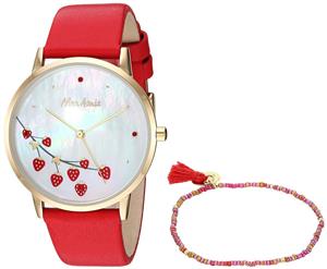 Mon Amie Women's Quartz Stainless Steel and Leather Watch and Bracelet Set - Supports School Lunches, Color: Gold-Tone, Red (Model: CBMA8504)