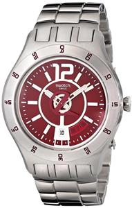 swatch Men's YTS405G Quartz Date Red Dial Stainless Steel Watch 