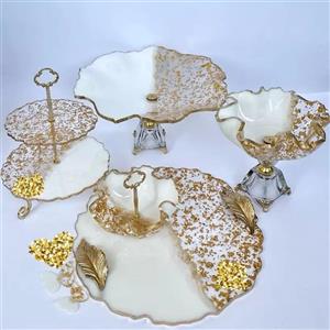 سرویس پذیرایی رزینی 5تکه جهیزیه عروس سفید طلایی