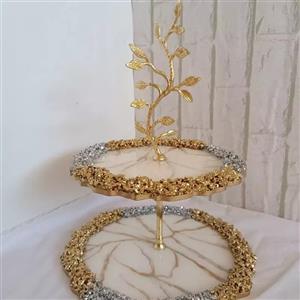 شیرینی خوری دو طبقه رزینی کارشده با رزین و ورق طلا 