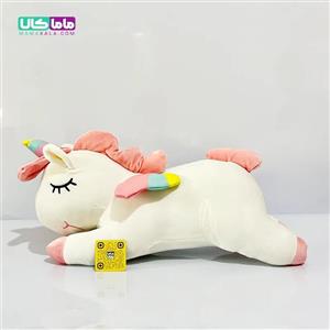 عروسک اسب یونیکورن خوابیده بالشتی سفید 60 سانتیمتر