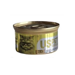 کنسرو گربه یو اس پت طعم گوشت گاو و شترمرغ وزن ۸۵ گرم  
