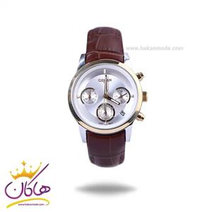 ساعت مچی سیتیزن زنانه بند چرم قهوه ای قاب طلایی کرنوگراف L8111/2