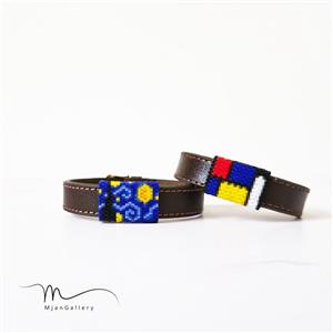 M0185 _ دستبند چرم مردانه با طرح شب پرستاره ونگوگ و موندریان ( منجوق میوکی )