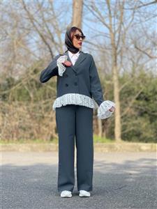 ست کت وشلوار زنانه جنس دیپلمات توری عیدانه - سورمه ای / L