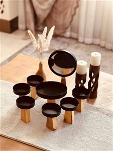 هفت سین فلزی و چوبی همراه با شش عدد سین و یک عدد سین  بزرگ و آینه پایه چوبی