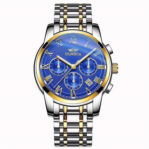 OLMECA Men's Watches Luxury Sports Casual Quartz Wristwatches Waterproof Chronograph Calendar Date Stainless Steel Band Black Color (A Gold Blue)