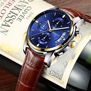 NIBOSI Watches Men's Chronograph Quartz Watch with Leather Strap Wristwatches for Men Blue Calendar Date Watch