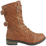 JJF Shoes Mango-79 Gold Dual Buckle Decor Zipper Lace-up Quilted Motorcycle Mid Calf Boots