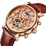 Kinyued Skeleton Tourbillon Mechanical Watch Automatic Men Classic Gold Dial Leather Mechanical Wrist Watches