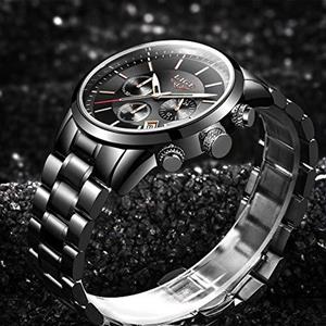 Mens Watches Sports Analog Quartz Watch Gents Fashion Business Full Steel Waterproof Chronograph Watch Man LIGE Date Calendar Gold Wristwatch Black 