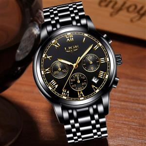 Mens Watches Sports Analog Quartz Watch Gents Fashion Business Full Steel Waterproof Chronograph Watch Man LIGE Date Calendar Gold Wristwatch Black 