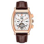 Luxury Mens Watches Square Automatic Tourbillon Mechanical Watches Waterproof Multifunction Skeleton Kinetic Wristwatch with Date and Brown Leather