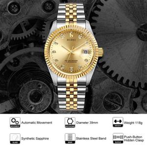 BUREI Men's Luxury Automatic Watch Date Display with Sapphire Crystal Rhinestone Markers and Stainless Steel Band 
