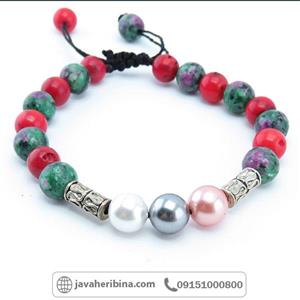 دستبند چند جواهر مروارید و روبی زئوسیت و مرجان کد 7