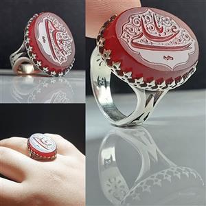 انگشتر نقره با سنگ عقیق قرمز با حکاکی یاعلی (ع) مردانه کد 1085 