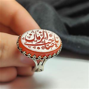 انگشتر نقره با سنگ عقیق سرخ درجه یک و حکاکی “یا صاحب الزمان عج” مردانه کد 1009 