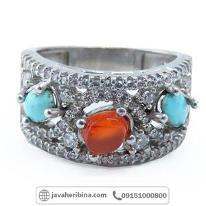 انگشتر چند جواهر عقیق یمن و فیروزه نیشابور زنانه کد 34609