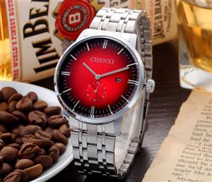 PASOY Men's Watch Red Face Simplicity Analog Watches Silver Stainless Steel Men's Date Quartz WristWatch 
