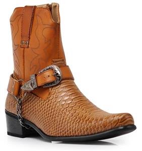 Alberto Fellini Men's Crocodile Prints Western Cowboy Boots with Side Zipper, Belt Buckle and Metal Chain