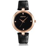 ETEVON Women's Casual Crystal Quartz Leather Watch with Black Dial and Rose Gold Stainless Steel Case, Simple Dress Wrist Watches for Women Ladies