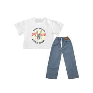 ست کراپ و شلوار جین بچگانه اسپرت مدل باگز بانی رنگ سفید آبی