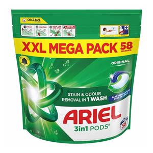 قرص ماشین لباسشویی آریل Ariel مدل 3in1 لکه‌بری قوی و رفع بوی لباس بسته 58 عددی