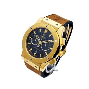 ساعت مردانه HUBLOT هابلوت کرنوگراف سه موتور فعال قاب طلایی بند قهوه ای