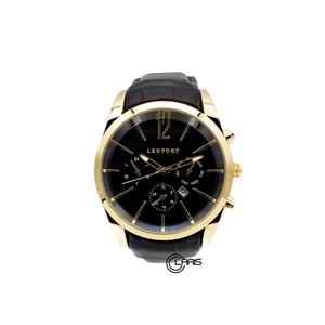 ساعت لدفورت LEDFORT مردانه مدل MK-1119G طرح سه موتور قاب طلایی بند مشکی صفحه مشکی
