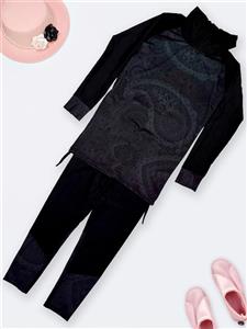 مایو زنانه اسلامی پوشیده کامل مدل دامنی مشکی با طرح ترمه اسپیدو ( Speedo ) خاکستری