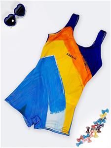 مایو نیمه پوشیده پادار دخترانه نوجوان نابایجی ( Nabaiji ) به رنگ آبی ، نارنجی و زرد