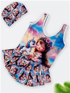 مایو دامنی دخترانه بچگانه پوشیده طرح دختر و اسب تک شاخ برای ۴ تا ۱۲ سال اسپیدو