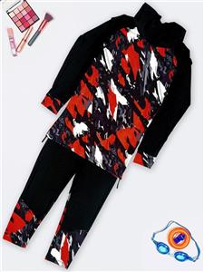 مایو زنانه اسلامی تمام پوشیده دامن دار مشکی و قرمز رنگ اسپیدو ( Speedo ) کلاهدار