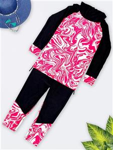 مایو اسلامی زنانه تمام پوشیده طرح شاد و اسپرت مشکی و سرخابی اسپیدو ( Speedo )