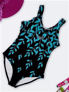 مایو زنانه اسلیپ بند پشت قهرمانی مشکی رنگ طرح برگ اسپیدو ( Speedo ) کاپدار