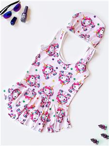 مایو دامن دار دخترانه بچه گانه سرهمی با ست کلاه شنا اسپیدو ( Speedo ) صورتی