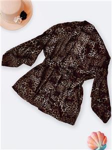 رومایویی زنانه حریر طرح پلنگی شیک و لاکچری آستین بلند با بند دور کمر به رنگ قهوه ای