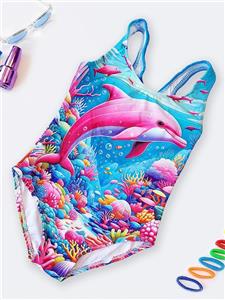 مایو بچه گانه برای دختر مدل اسلیپ با بند پشت قهرمانی طرح نهنگ دریا اسپیدو ( Speedo ) آبی سرهمی