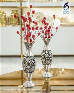 گلدان شکمی شبه نقره قلم گل و مرغ